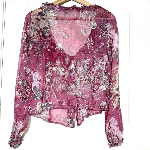 Stefanel VTG Y2K Silk Sheer Paisley Blouse Lace Trim Pearl Romantic Whimsical S - Picture 3 of 11